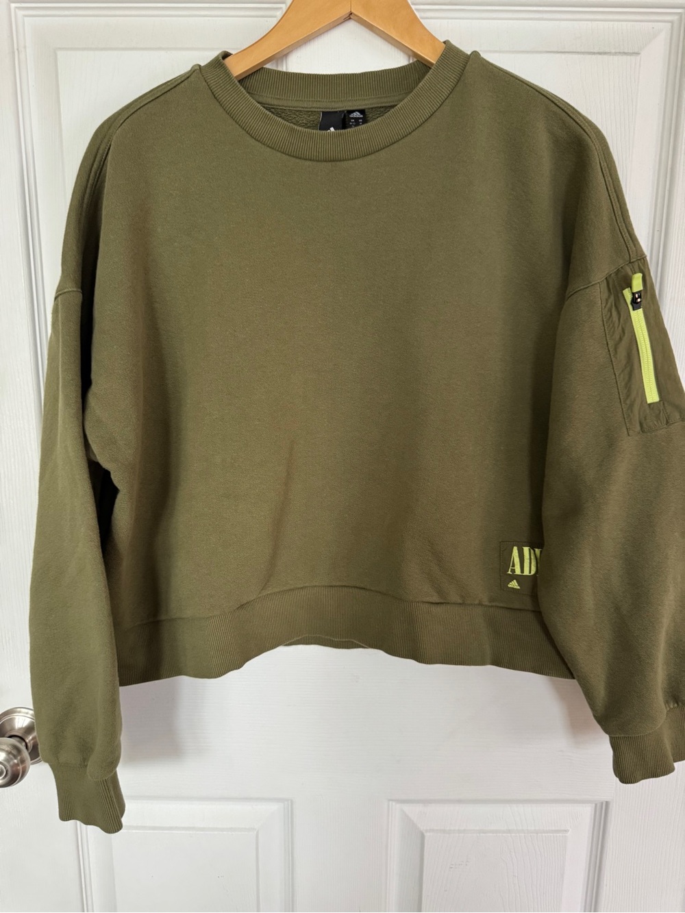 adidas Olive Green Cropped Crew Sweatshirt with Neon Zip Accent